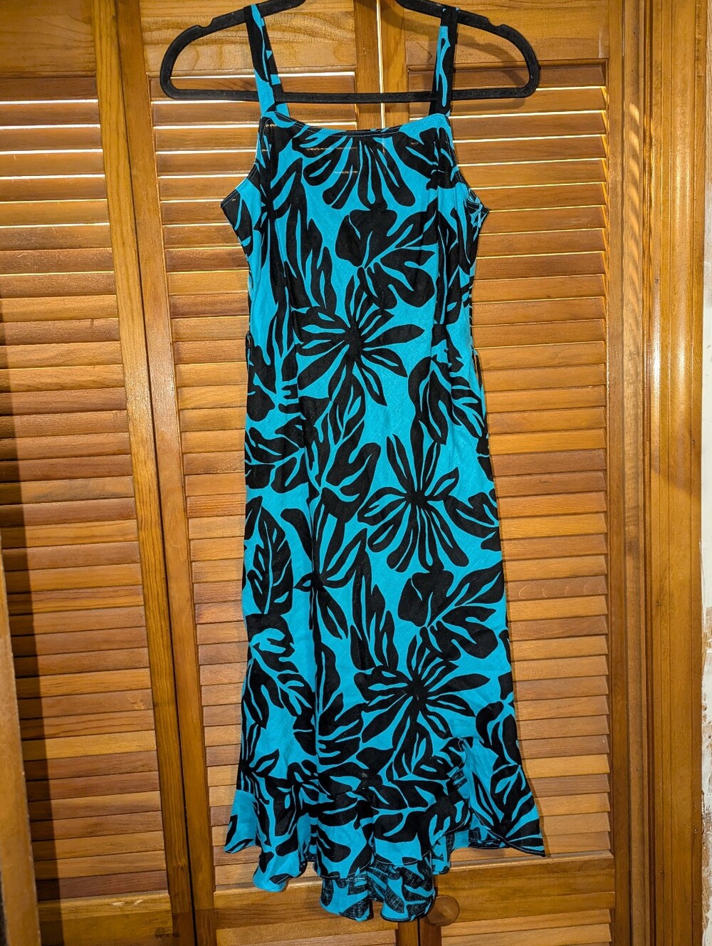 Linen Turquoise And Black Tropical Dress Ruffle Hem And Tie Waist